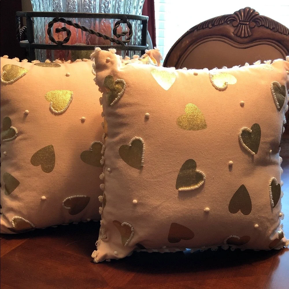Pier 1 Pink Pillow with Gold Heart & Pearl Accents set of 2
